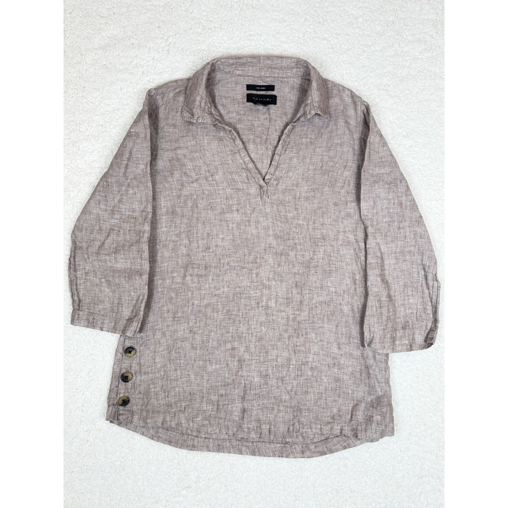 Tahari Sz S Linen V-Neck 3/4 Sleeve Top Side-Button Pullover Lagenlook - Picture 2 of 9